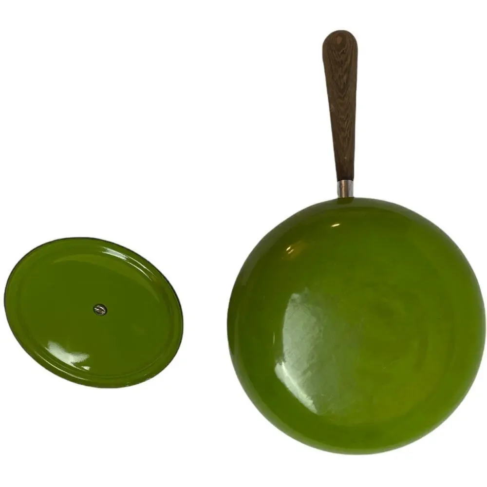 Mid Century Modern Green Circle Enamel Fondue Sauce Pot with Wood Handle & Lid